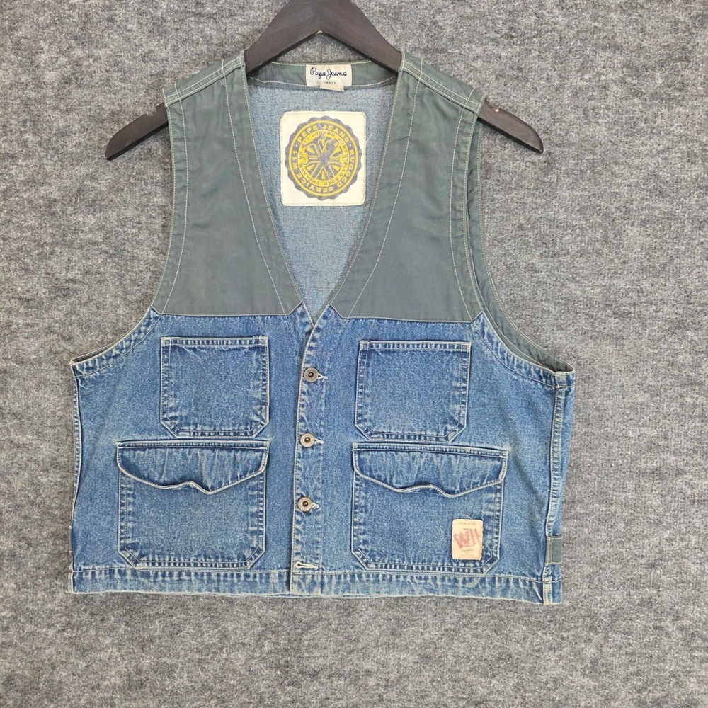 VTG Pepe Jeans London Vest Mens One Size Denim Utility Green Canvas Hip Hop Y2K